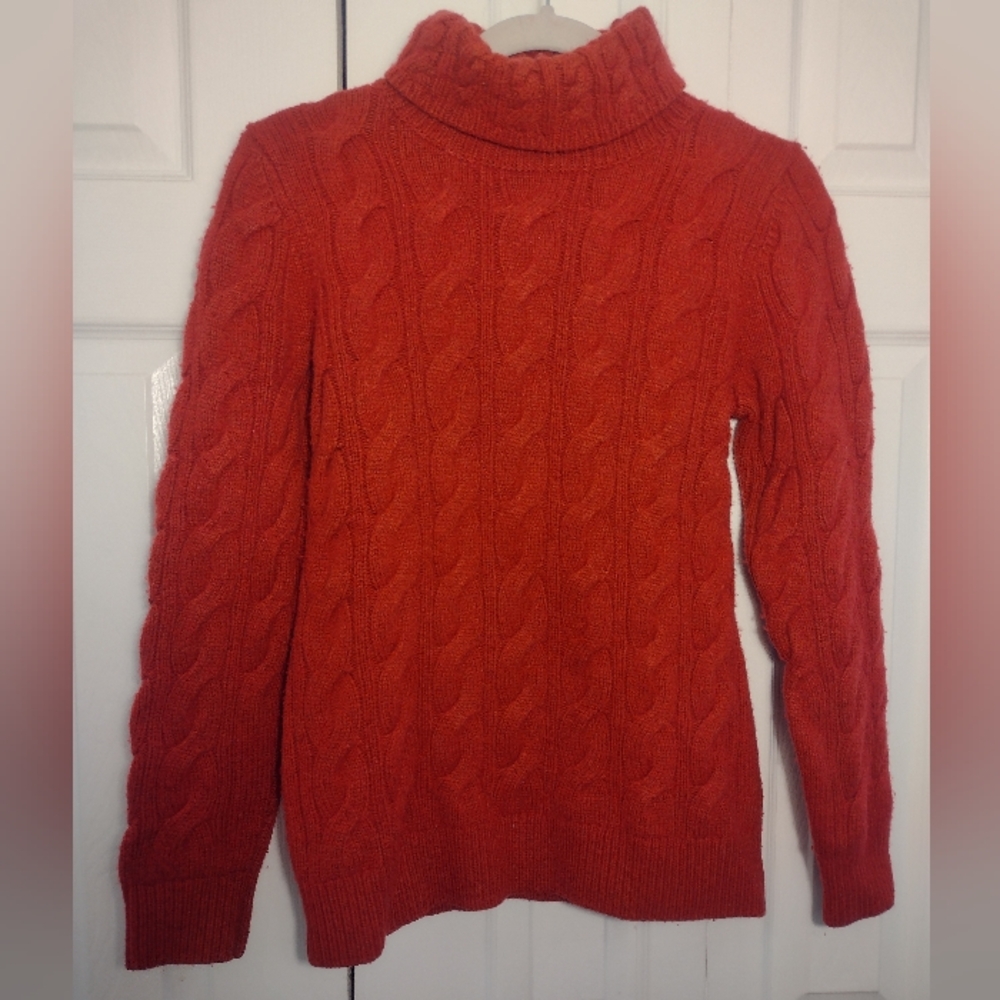 L.L.Bean Rust Orange Turtle Neck Pullover Wool Blend Cable Knit Sweater